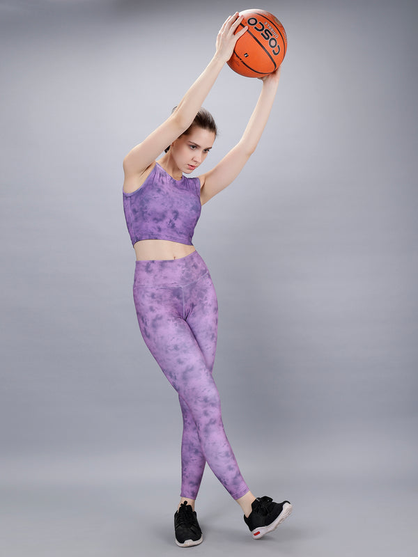 Alpha Purple Printed Bra Top And Leggings Set | WOMINK