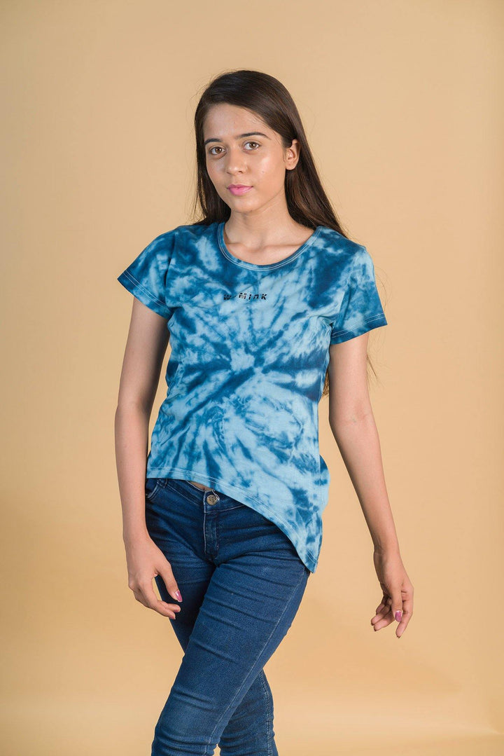 Women's Cotton Blue Crop Top Tiedye Printe Tshirt - WOMINK