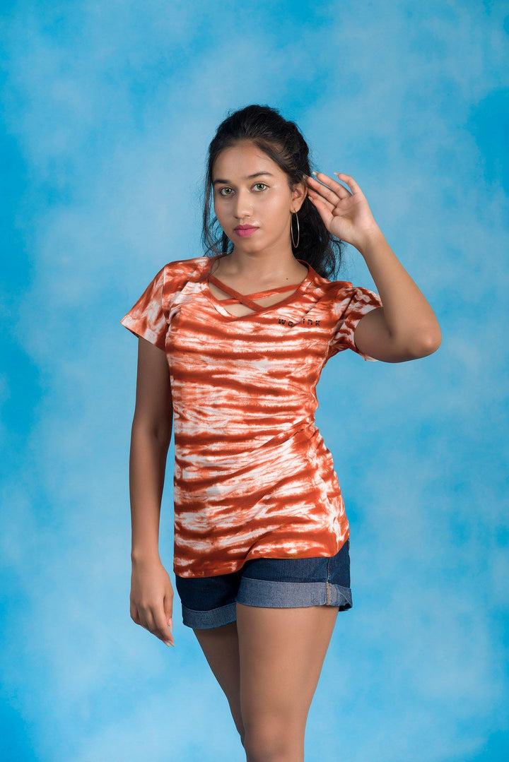 Women's Cotton Orange Tiedye Printe Tshirt (Neck Cross Piping) - WOMINK