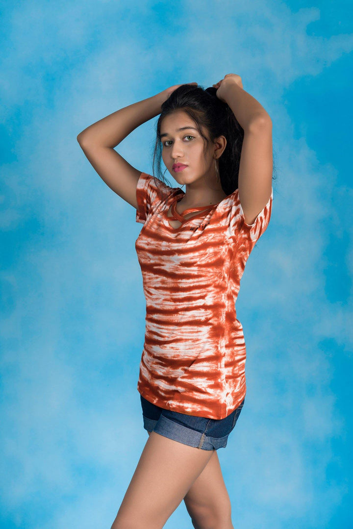 Women's Cotton Orange Tiedye Printe Tshirt (Neck Cross Piping) - WOMINK