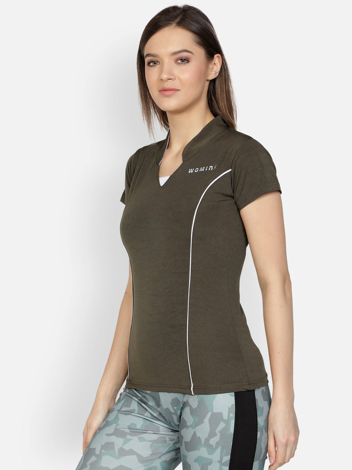 Women's Olive Stretchable Active Tshirt - WOMINK