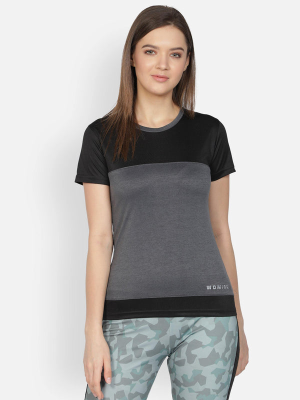 Women's Crew Neck Dark Grey Textured Active T-Shirt - WOMINK