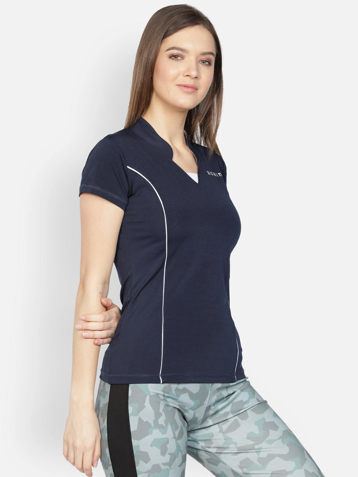 Women's Navy Stretchable Active Tshirt - WOMINK