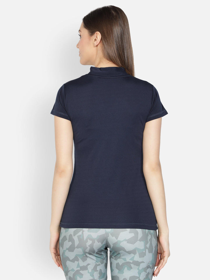 Women's Navy Stretchable Active Tshirt - WOMINK
