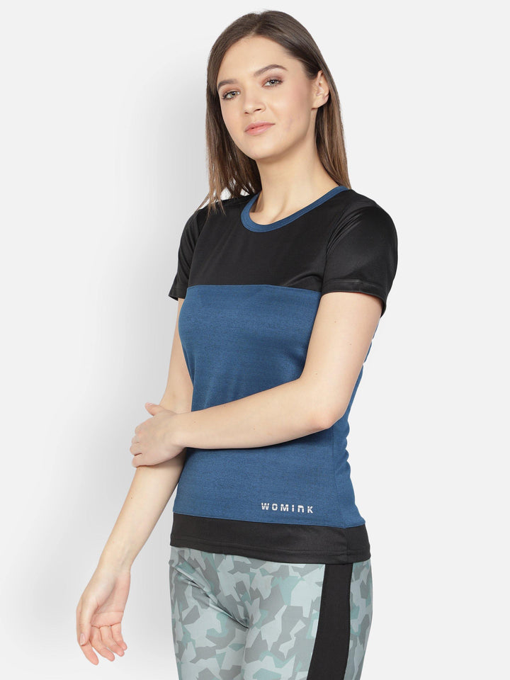 Women's Crew Neck Blue Textured Active T-Shirt - WOMINK