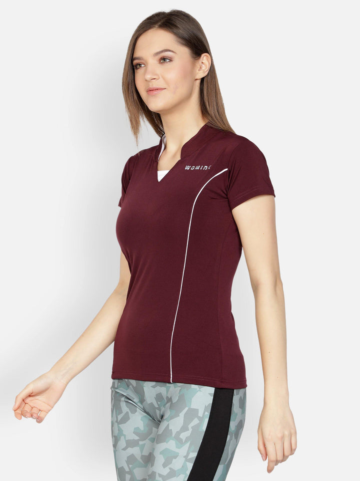 Women's Maroon Stretchable Active Tshirt - WOMINK