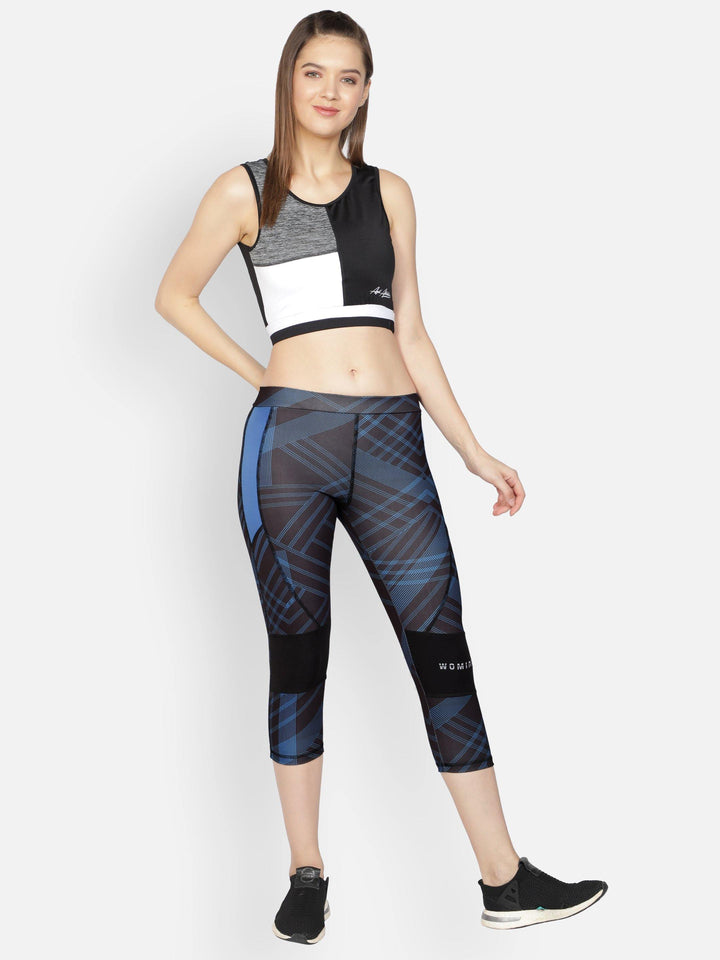 Women's Printed Blue Active Fitted Capri Pant - WOMINK