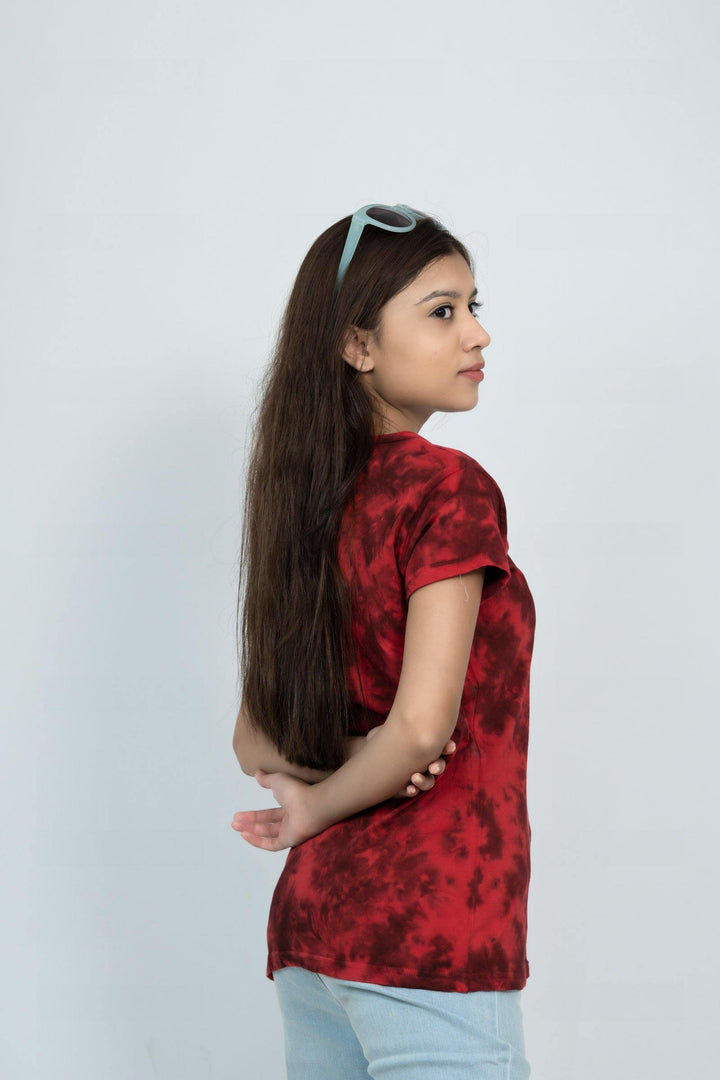 Women's Cotton Red Tiedye Printe Tshirt (Neck Cross Piping) - WOMINK