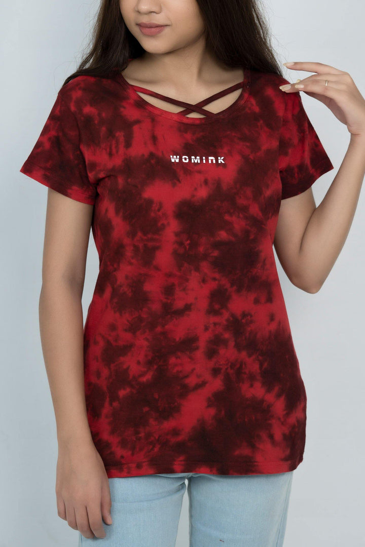 Women's Cotton Red Tiedye Printe Tshirt (Neck Cross Piping) - WOMINK