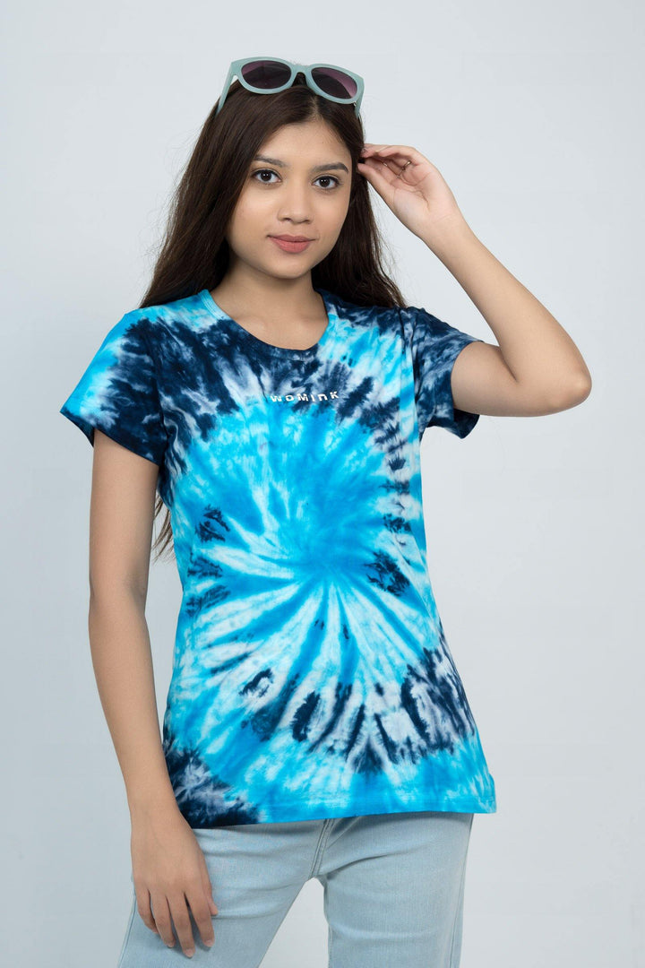 Women's Cotton Basic Sky Blue Tiedye Printe Tshirt - WOMINK