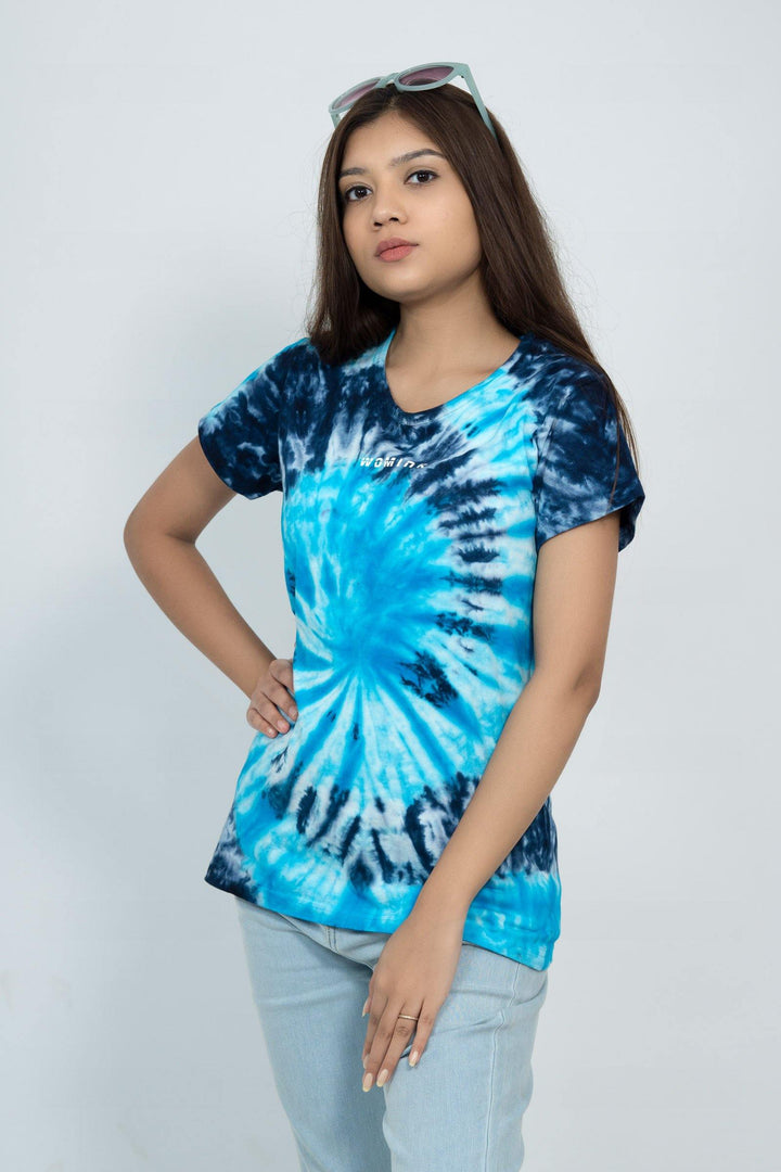 Women's Cotton Basic Sky Blue Tiedye Printe Tshirt - WOMINK