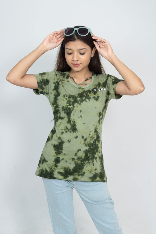 Women's Cotton Green Tiedye Printe Tshirt (Neck Cross Piping) - WOMINK