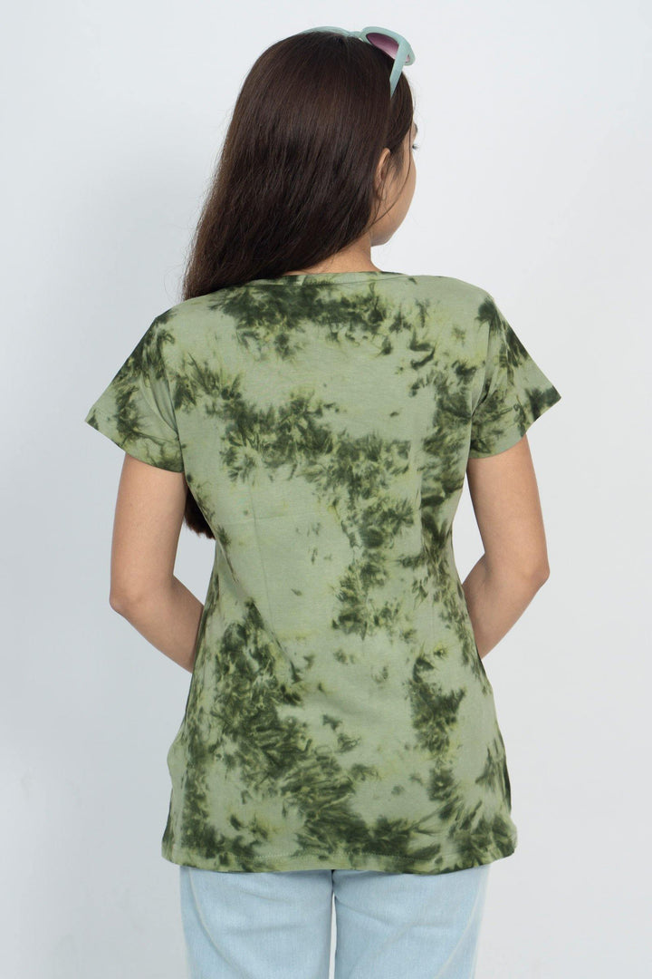 Women's Cotton Green Tiedye Printe Tshirt (Neck Cross Piping) - WOMINK